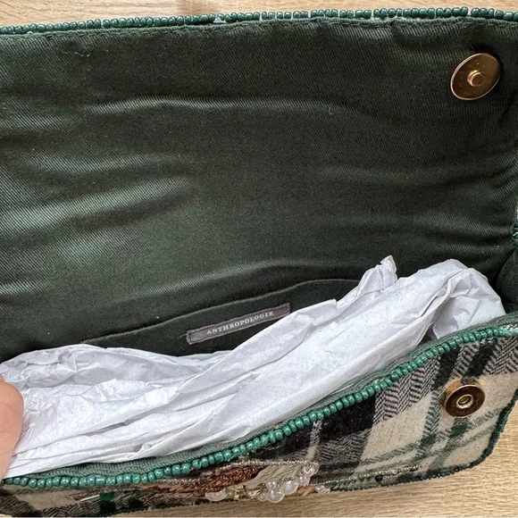 Anthropologie The Fiona Beaded Shoulder Bag Animal Edition Duck Plaid Green - Picture 10 of 13